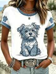 Damen-T-Shirt mit tierischem Hundemuster, im Vintage-Stil, modisch, locker geschnitten, mit kurzen Ärmeln