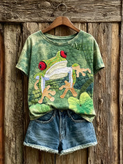 Damen Vintage Waldbaum Frosch Kunst Print Kurzarm T-Shirt