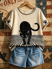 Damen-Amerikanische Retro-Oberteile mit geometrischem Muster und schwarzer Katze