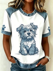 Damen Tier Hund gedruckt Vintage Mode lose kurze Ärmel T-Shirt