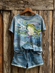 Kurzärmliges T-Shirt mit Frauen schwimm frosch-Kunstdruck