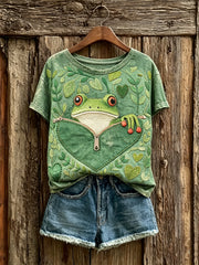 Kurzarm-T-Shirt mit Kunstdruck für Damen-Frosch und Blätter