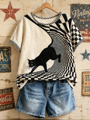 Damen-Amerikanische Retro-Oberteile mit geometrischem Muster und schwarzer Katze