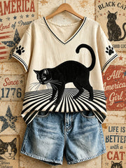 Damen-Top im amerikanischen Vintage-Stil mit schwarzer Katze und V-Ausschnitt