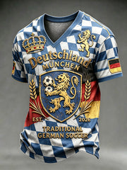 Herren-T-Shirt im Retro-Stil mit Karomuster und V-Ausschnitt, lässig, deutscher Fußball-Style