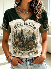 Damen-T-Shirt aus Deutschland im Schwarzwald-Stil mit V-Ausschnitt und Vintage-Print