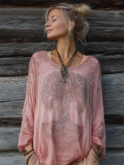 Damen Vintage Glitter Wikinger Baum des Lebens drucken bequemes Baumwoll-Leinen-Hemd