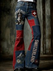 Geschwungene Damen-Hose mit besticktem Bergtier- und Blumenmuster