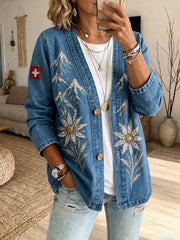 Damenjeansjacke mit Pailletten und floralem Druck, langärmlig