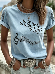 Damen-Tier musik gedruckt Vintage Mode lose Kurzarm-T-Shirt