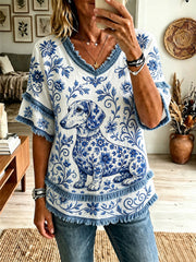 Damen Dackel Floral V-Ausschnitt Tops
