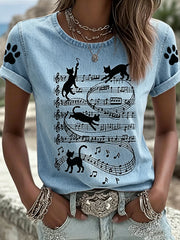Damen-Animal-Music-Katzenprint Vintage-Mode lockeres Kurzarm-T-Shirt