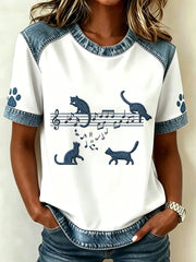 Damen-Animal-Music-Katzenprint Vintage-Mode lockeres Kurzarm-T-Shirt