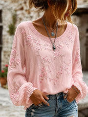 Damen-Top aus Baumwolle-Leinen im Vintage-Stil mit floraler Kunstprint-Optik