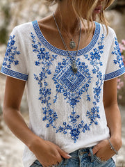 Damen-Top aus Baumwolle-Leinen im Vintage-Stil mit floraler Kunstprint-Optik