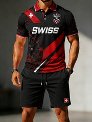 Herren-Poloshirt mit Fußball-Print und kurzen Ärmeln sowie passende Shorts im Set