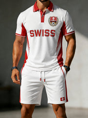 Herren-Poloshirt mit Fußball-Print und kurzen Ärmeln sowie passende Shorts im Set