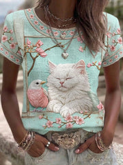 Damen-Top aus Leinen mit katzenförmigem Blumenmuster, Rundhalsausschnitt und kurzen Ärmeln