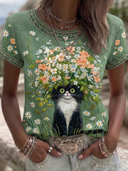 Damen-Top aus Leinen mit katzenförmigem Blumenmuster, Rundhalsausschnitt und kurzen Ärmeln