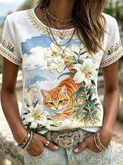 Damen-Top aus Leinen mit katzenförmigem Blumenmuster, Rundhalsausschnitt und kurzen Ärmeln