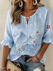 Damen-Top mit Blumenprint, V-Ausschnitt und Puffärmeln für den Schneeberg
