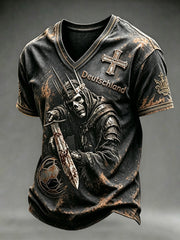 Herren-T-Shirt mit V-Ausschnitt, lässig, bedruckt mit deutschem Fußball-Skelett-Ritter im Dark-Style