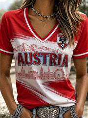 Damen-T-Shirt mit Österreich-Fußballmotiv, lässig, V-Ausschnitt