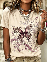 Damen-T-Shirt mit tierischem Schmetterlingsdruck, im Vintage-Stil, modisch, locker geschnitten, kurze Ärmel