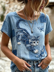 Damen-Lässiges Leinen-T-Shirt mit niedlichem Katzenmuster und kurzen Ärmeln