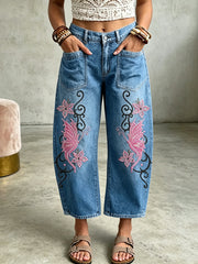 Damen-Hose mit Tier- und Schmetterlings-Art-Print