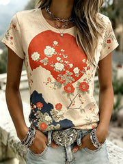 Damen-Japankunst im Retro-Stil lässiges Kurzarm-T-Shirt
