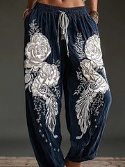 Damen-Hose aus Baumwoll-Leinen mit lässigem Blumenstickmuster und neunminütiger Länge