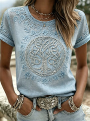Damen-elegantes Wikinger-Keltisches Lebensbaum-Blumenprint-Leinen-T-Shirt mit kurzen Ärmeln
