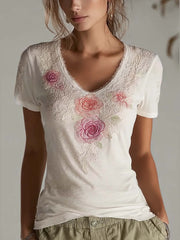 Damen-T-Shirt mit floralem Stickmuster, lässig, kurzärmlig