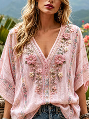 Damen-Top aus Baumwolle und Leinen mit Blumenmuster und V-Ausschnitt