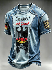 Herren-T-Shirt mit deutscher Flagge, Schwarzadler-, Denim- und Patchwork-Print, lässig