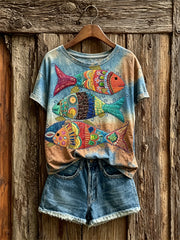 Damen-Boho-T-Shirt mit farbenfrohem Fisch-Art-Print und Farbverlauf, kurze Ärmel