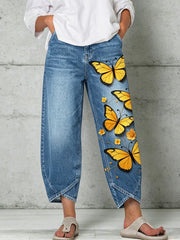 Damen-Hose mit Tier- und Schmetterlings-Art-Print