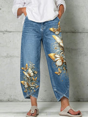Damen-Hose mit Tier- und Schmetterlings-Art-Print