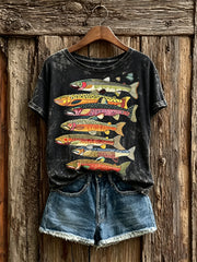 Damen-Vintage-Sardine-Fisch-buntes Kunst-Patchwork-Print-T-Shirt mit kurzen Ärmeln