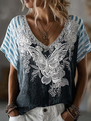 Damen-T-Shirt aus Leinen mit gestreiftem Color-Blocking‑Design, Schmetterlings‑ und Blumenmuster sowie kurzen Ärmeln
