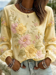 Damen-Retro-Top aus Baumwolle und Leinen mit Blumenmuster und Rundhalsausschnitt