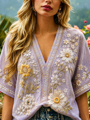 Damen-Top im Retro-Stil aus Baumwolle und Leinen mit Blumenmuster und V-Ausschnitt