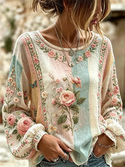 Damen-Hemd aus Baumwolle und Leinen mit Pflanzen- und Blumenmuster
