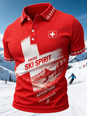 Herren-T-Shirt mit Skimotiv-Druck und Waffelstruktur, kurzärmelig