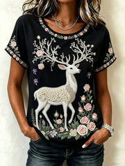 Damen-T-Shirt mit Tier- und Pflanzenblumenmuster, kurzärmelig
