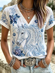 Damen-T-Shirt aus Leinen mit Tier- und Pflanzenblumenmuster, kurze Ärmel