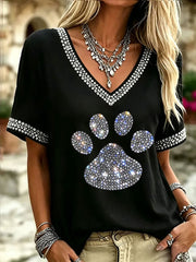 Damen-Lässiges T-Shirt mit Strass-Pfotenabdruck