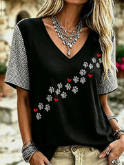 Damen-Lässiges T-Shirt mit Strass-Pfotenabdruck