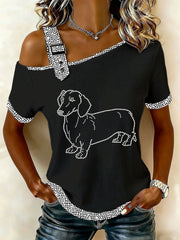 Damen Strass Dackel Casual T-Shirt